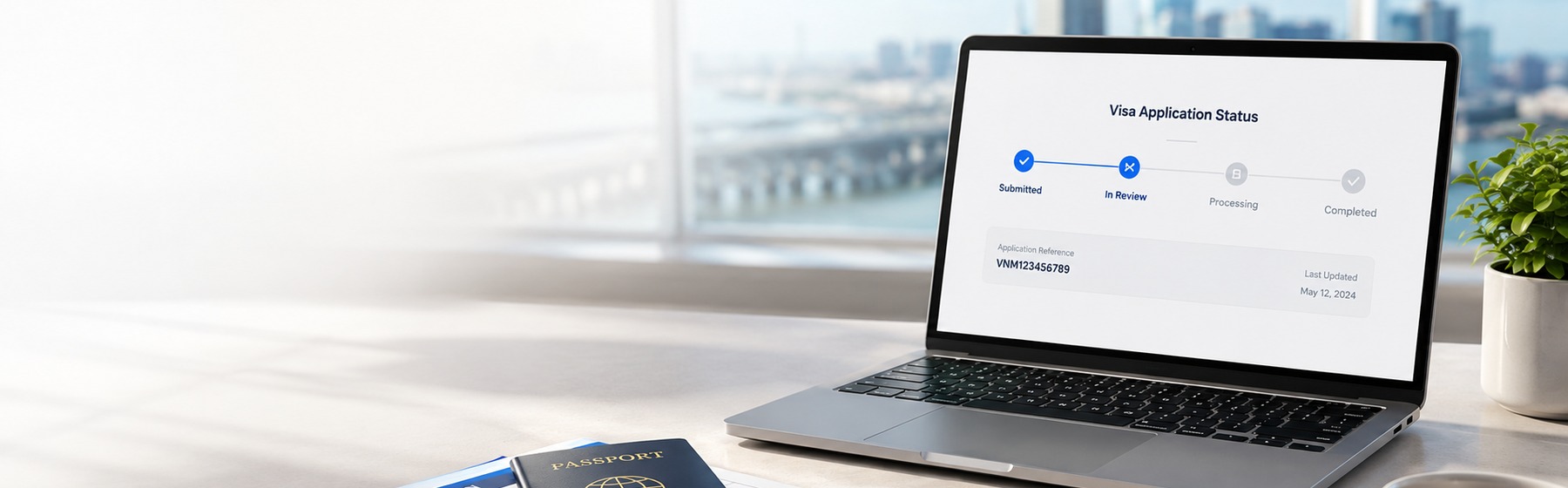 Vietnam GoEasy order status support desk with passport, laptop, and travel documents