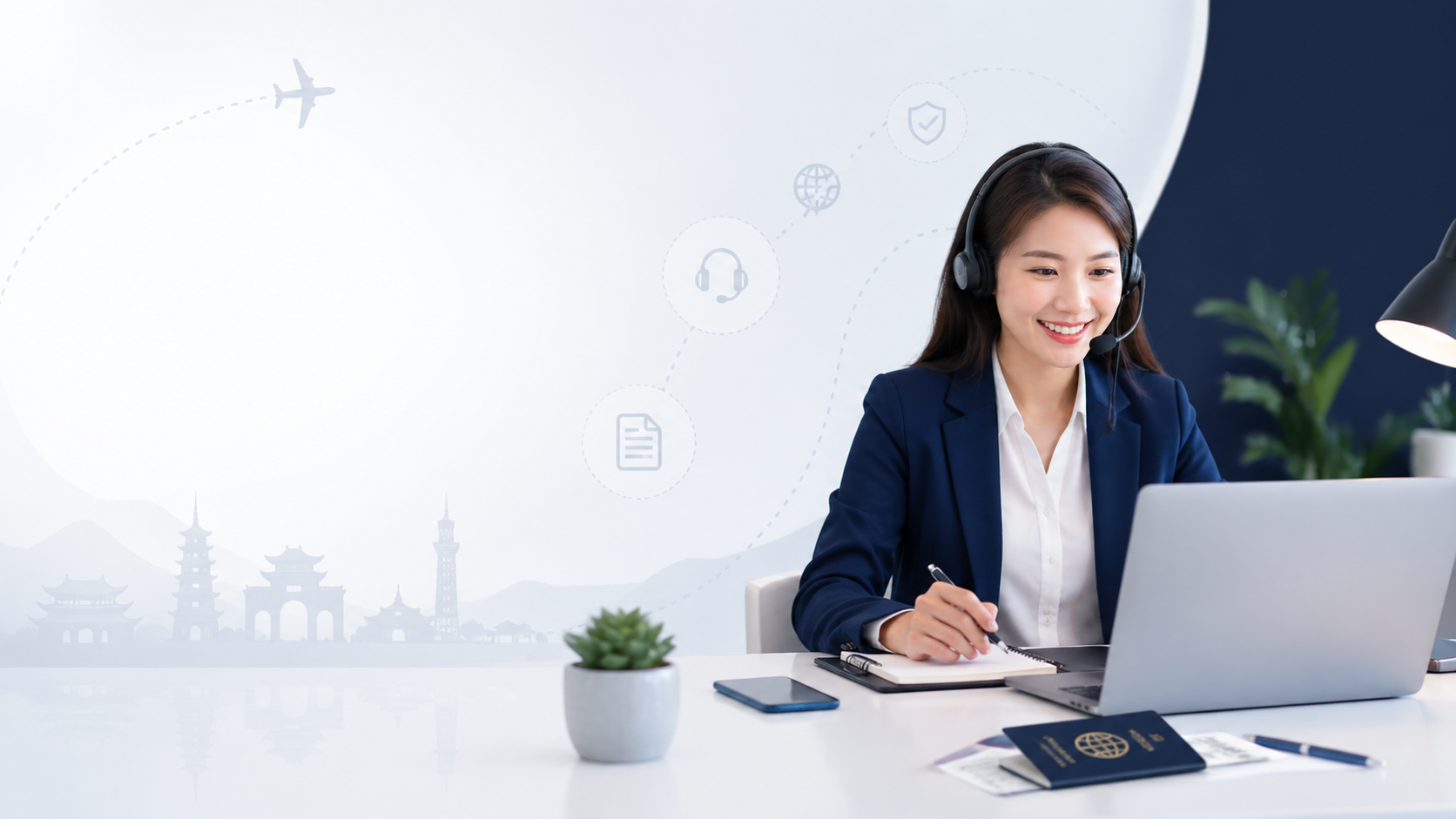 Travel support consultant assisting online